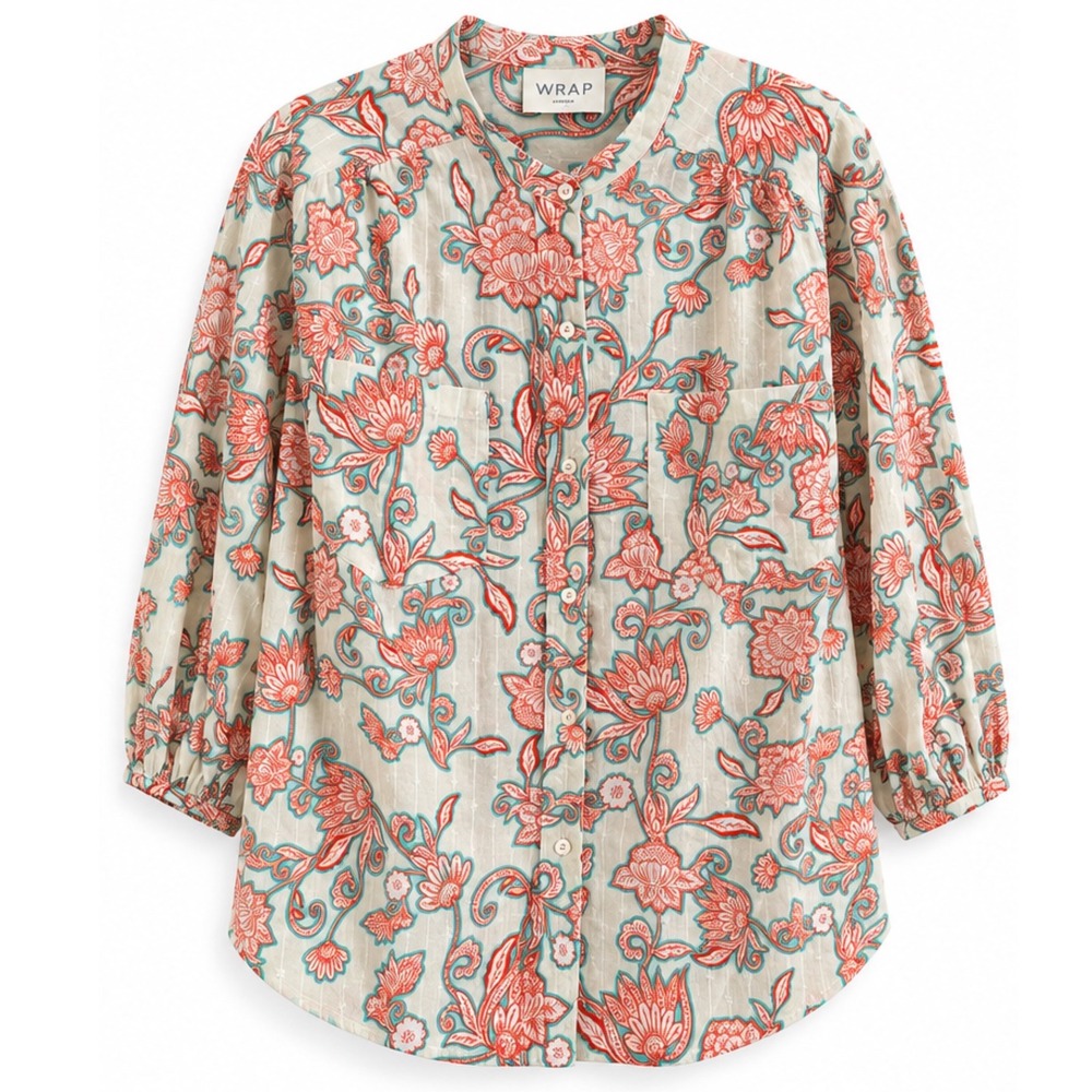 Wrap London Floral Paisley Cotton Dobby Blouse Coral Teal Size 12